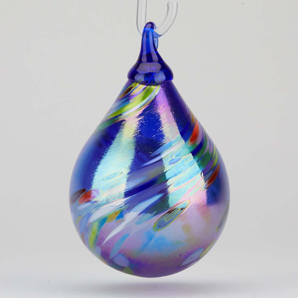 Cobalt Rainbow Swirl Glass Teardrop Ornament