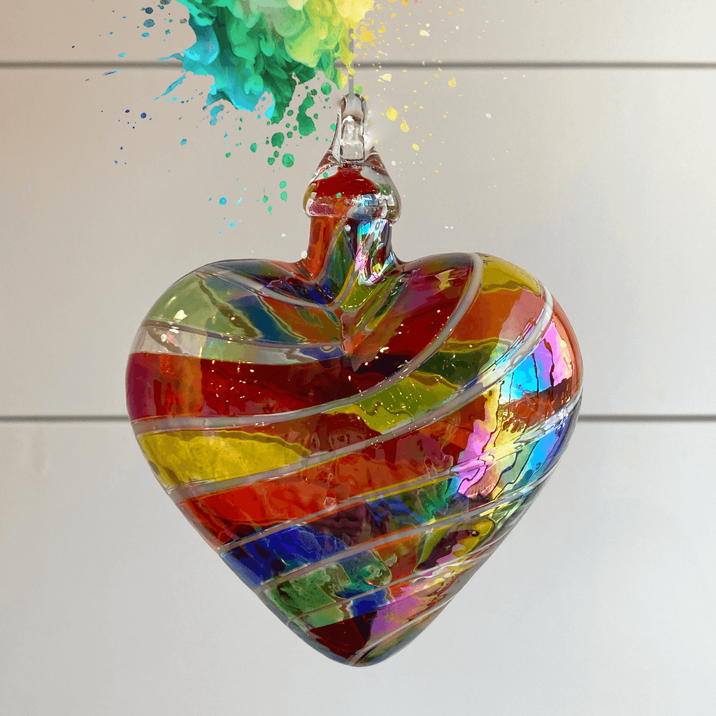 Rainbow Cane Glass Heart Ornament