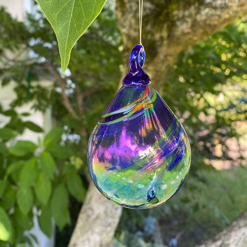 Cobalt Rainbow Swirl Glass Teardrop Ornament