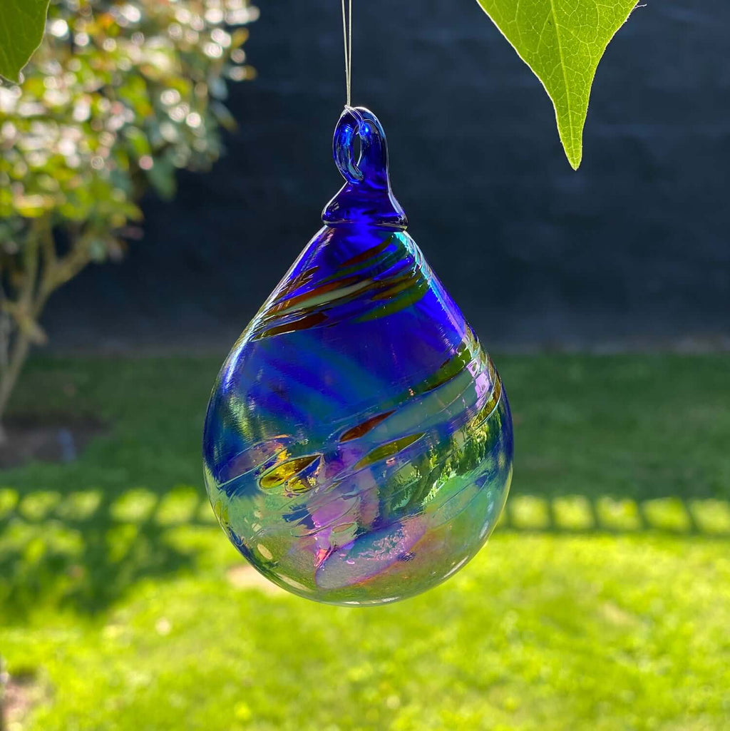 Cobalt Rainbow Swirl Glass Teardrop Ornament